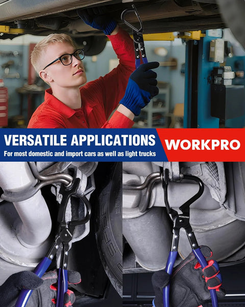 WORKPRO Exhaust Hanger Removal Tool with blue-handled pliers for car exhaust hangers; heavy-duty, non-slip grip.