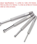 Four Piece Dial Bore Gauge Set For Measuring Small Holes 3-13mm, Telescoping Steel Bore Gage Kit, shown in varying sizes.