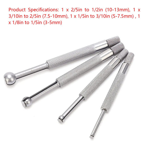 Four Piece Dial Bore Gauge Set For Measuring Small Holes 3-13mm, Telescoping Steel Bore Gage Kit, shown in varying sizes.