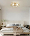 Gold Four Light Semi Flush Mount Ceiling Light With Metal Cage in a bedroom, rustic industrial farmhouse style fixture