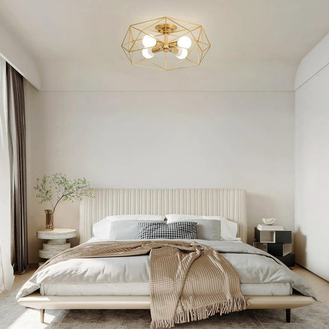 Gold Four Light Semi Flush Mount Ceiling Light With Metal Cage in a bedroom, rustic industrial farmhouse style fixture