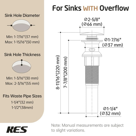 Technical diagram of Pop Up Bathroom Sink Drain Stopper With Overflow Detachable Hair Catcher All Metal Rustproof 304 Stainless Steel.