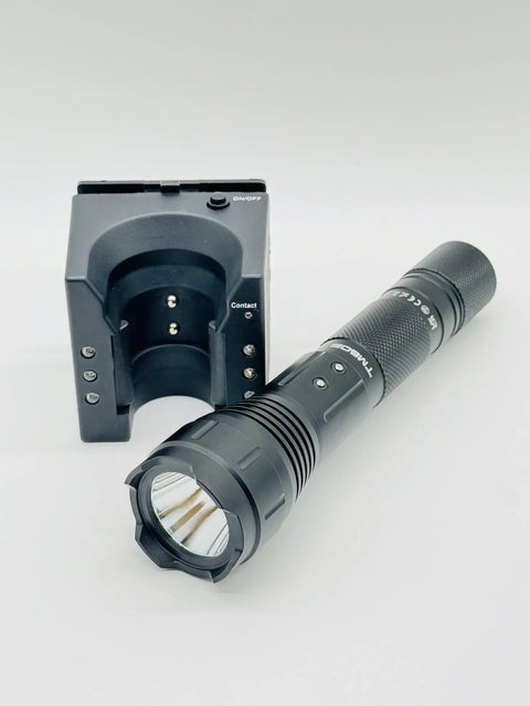 Emergency LED Wall Mount Flashlight TM603 1000 Lumen High Power Tactical Light with wireless wall mount charger shown