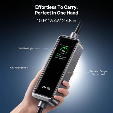 Close-up of hand holding Level 2 EV Charger With 40A NACS, 25Ft Extension Cord, WiFi Smart App, sleek handheld design.