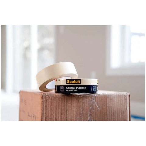 General Purpose Masking Tape Tan 0.70 Inch By 60 Yard Roll displayed on a cardboard box, suitable for multiple surfaces.