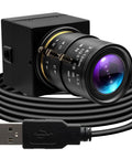 1080P USB Webcam with 2.8-12mm varifocal lens for video conference and streaming, USB cable visible, plug and play on Windows, Mac, Linux