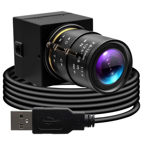 1080P USB Webcam with 2.8-12mm varifocal lens for video conference and streaming, USB cable visible, plug and play on Windows, Mac, Linux