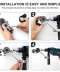 Installation steps of Upgraded Heavy Duty Metal Nibbler Drill Attachment With Seven Piece Kit for precision cutting.