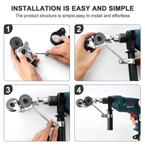 Installation steps of Upgraded Heavy Duty Metal Nibbler Drill Attachment With Seven Piece Kit for precision cutting.