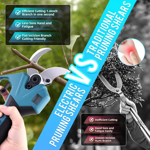 Cordless Electric Pruning Shears Featuring A Badass Brushless Motor Cuts One Point Six Inch Branches Smoothly, comparison image.