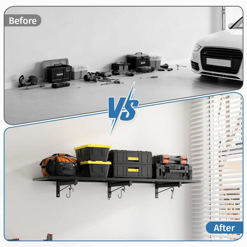 Two Pack Heavy Duty Garage Wall Shelving Racks 46 By 12.5 Inches Wall Mounted With 8 Hooks And 320 Lb Capacity Black Metal Floating Organizer Shelves For Tools And Gear, after view
