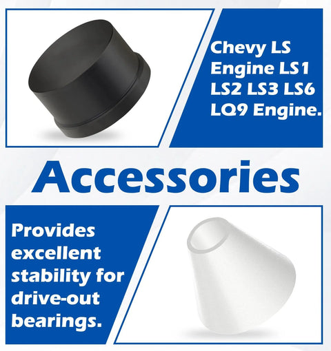 Front view of a black cam bearing installation tool with a white conical adapter for Chevy LS engines.