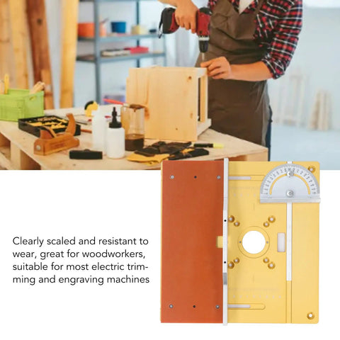 Robust Aluminum Router Lift Table Plate With Precision Engraved Scale For Woodworking Trimming And Engraving Machines on workbench with tools.