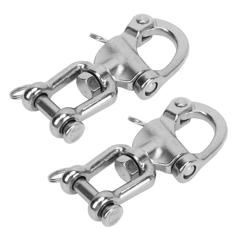 Top Shelf 316 Stainless Steel Snap Shackles With Swivel Rotating Eye And No Hassle Quick Release Design For Heavy Duty Sailboat Rigging Yacht Halyards And Rugged Industrial Deck Hardware 128 Mm - close view of two shackles.
