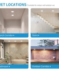 4 Inch LED Disk Light Dimmable Flush Mount Ceiling Light 10.5W 650 Lumens 3000K Warm White Aluminum Baffle Trim Wet Location ETL Energy Star 4 Pack displayed in porch, stairs, bathroom, outdoor corridor.