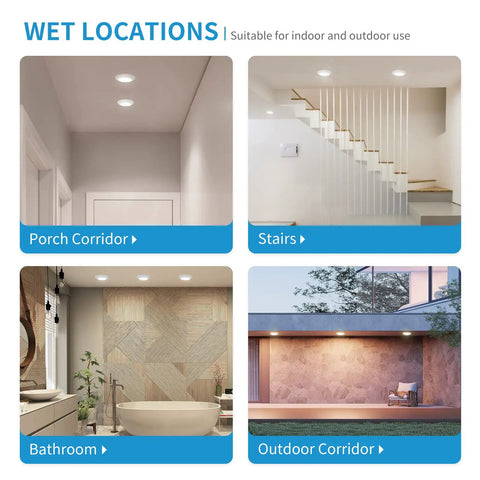 4 Inch LED Disk Light Dimmable Flush Mount Ceiling Light 10.5W 650 Lumens 3000K Warm White Aluminum Baffle Trim Wet Location ETL Energy Star 4 Pack displayed in porch, stairs, bathroom, outdoor corridor.