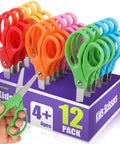 12 Pack 5 Inch Kids Safety Scissors With Blunt Tip in various colors on display, comfort grip, stainless steel blades