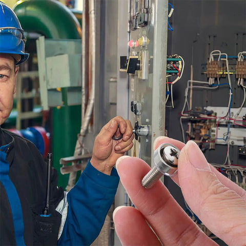 Technician holding M6x20 Nickel Plated Crown Head Rack Screws And Cage Nuts Kit With Washers near a control panel installation.