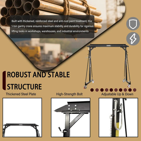 Portable Mobile Gantry Crane 1 Ton Capacity Adjustable Height 7.9 To 11.8 Feet Beefy Steel Frame Shop Crane For Factories Warehouses Auto Repair And Maintenance Pro Grade Lifting Equipment, steel frame detail
