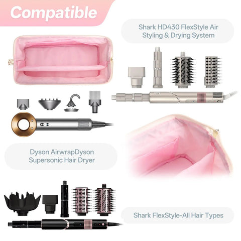 Go To Travel Case For Dyson Airwrap And Hair Dryer Tools Quilted Organizer Bag with tool attachments, pink interior view