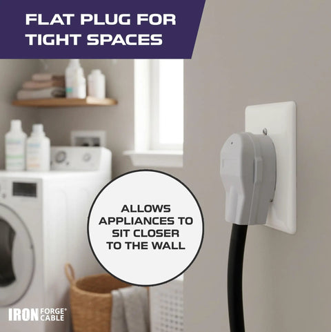 Flat plug for tight spaces with heavy duty 4 prong dryer cord 12 foot long Nema 14-30 plug 30 amp universal replacement power cable.