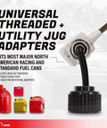 TERA PUMP fuel transfer pump with universal adapters; front view shows white pump head, black hose, and red/yellow jugs.