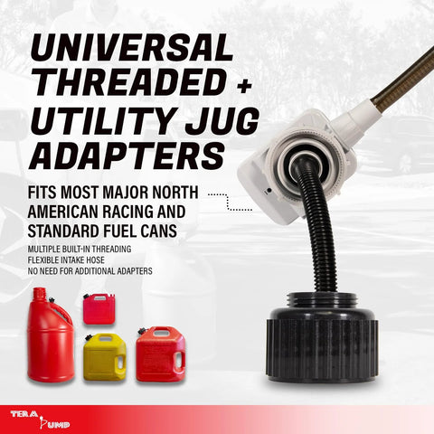 TERA PUMP fuel transfer pump with universal adapters; front view shows white pump head, black hose, and red/yellow jugs.