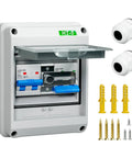 32 Amp Dual Power Manual Transfer Switch with IP65 waterproof box, includes two pole circuit breakers, single side slide lock, and mounting accessories.