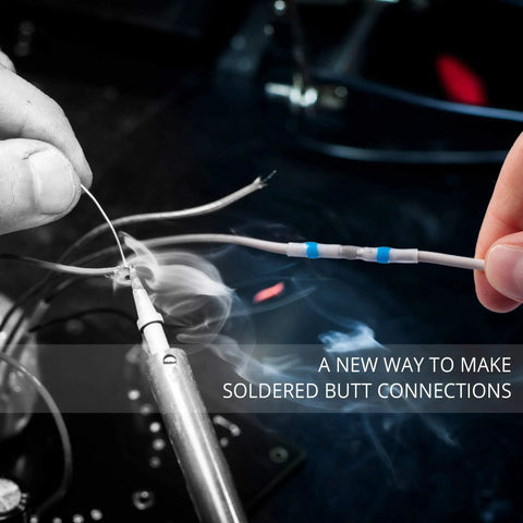 Person using Solder Seal Wire Connectors Kit With Heat Shrink Sleeves, Waterproof No Fuss Self Soldering Butt Connectors For 26-10 AWG, 110 Pcs