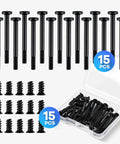 Badass 30Pc PC Fan Screws Kit For Rock Solid Computer Cooling And Radiator Mounts Crafted From Rustproof Stainless Steel With Long Short Tapping Threads For Hella Durable Builds showing 30 black stainless self tapping screws.