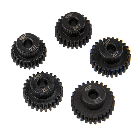 5 Pack Steel Pinion Gears 48P 3.175mm Shaft Set 23T 24T 25T 26T 27T For 1/8 Inch RC Motors Hardened Steel Durable Pinions