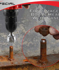 Deburring external chamfer tool with tungsten carbide blade; front view beside rusted bolt.