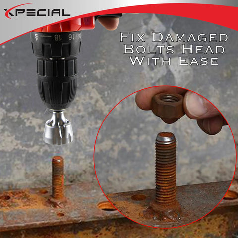 Deburring external chamfer tool with tungsten carbide blade; front view beside rusted bolt.