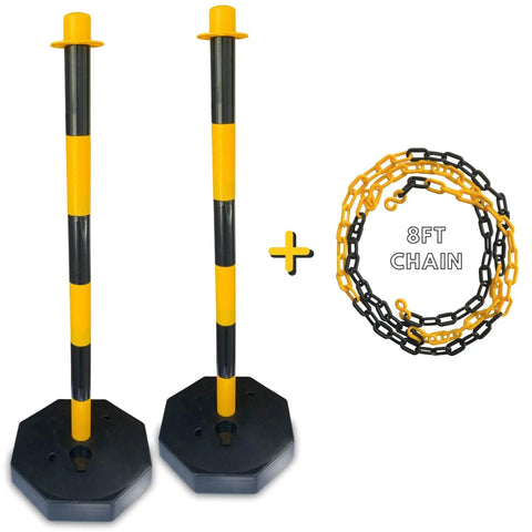 Two Pack Traffic Delineator Poles With Chain Included Portable Fillable Base No More Cones For Parking Lots Construction Sites Road Markers Street Stanchions Black Yellow