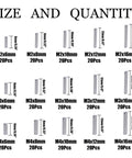Chart showing sizes and quantities of Built Tough 300 Piece Stainless Steel Dowel Pins Set M2 M3 M4 304 Grade Kit.