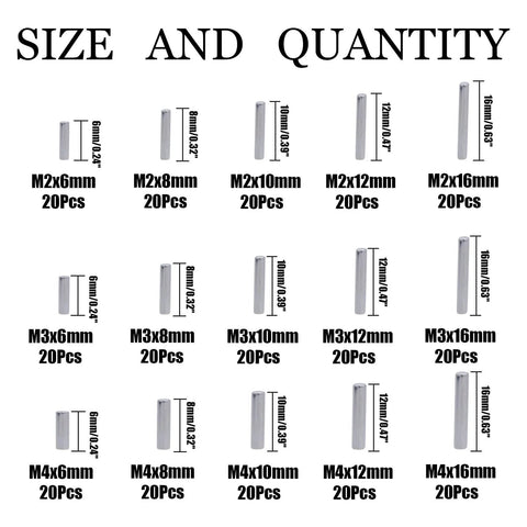 Chart showing sizes and quantities of Built Tough 300 Piece Stainless Steel Dowel Pins Set M2 M3 M4 304 Grade Kit.