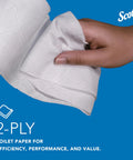 Scott 2-ply white toilet paper being pulled from roll by hand against blue background.