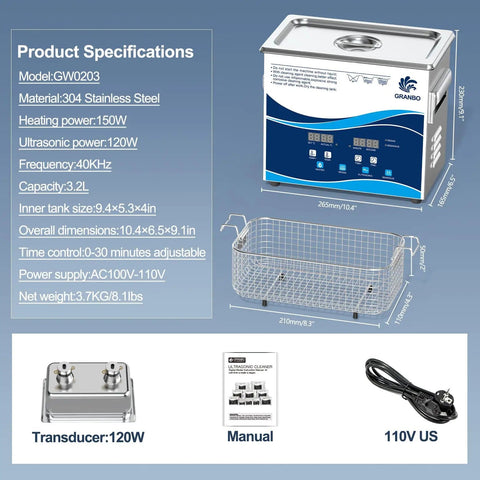 Ultrasonic Cleaner 3.2L 120W Dope Cleaning Power 40kHz With Heater Timer Degassing 110V Digital Dial For Jewelry Dentures Dental Parts