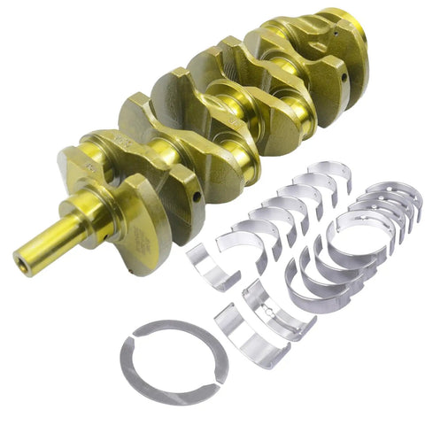 All In One Crankshaft And Rod Bearing Kit For 2.4L Hyundai Sonata Santa Fe Tucson And Kia Forte 2359cc L4 Engines 2011 2015 Bolt In Replacement Compatible With OEM 23111-2G200 23111-2G230 shown in image with gold crankshaft and silver bearings.