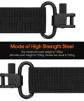 Tough As Nails Carbon Steel Rifle Sling Swivel Mount Heavy Duty Two Point Gun Sling Hardware showing black steel clip and webbing.