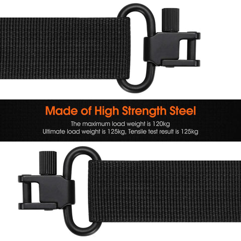 Tough As Nails Carbon Steel Rifle Sling Swivel Mount Heavy Duty Two Point Gun Sling Hardware showing black steel clip and webbing.
