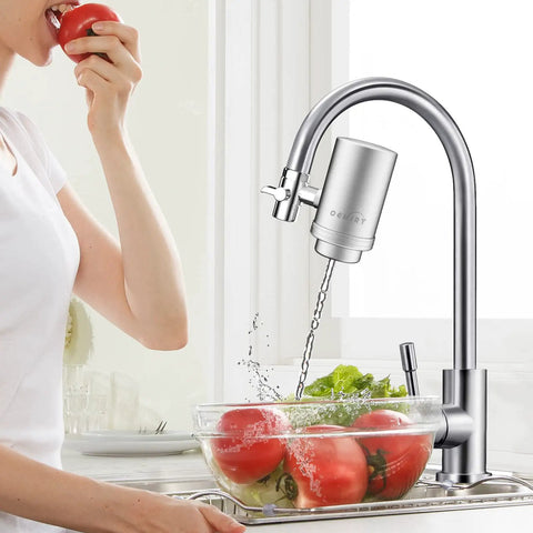 Sink Faucet Water Filter Purifier With 304 Stainless Steel Housing Keeps Your Tap Water Fresh in kitchen with tomatoes being washed