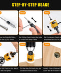 Step-by-step usage of Woodworking Countersink Drill Bit Set With Low Friction Depth Stop in a six-step instructional guide.