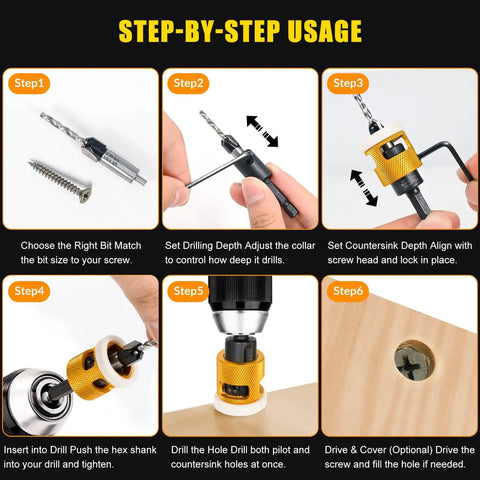 Step-by-step usage of Woodworking Countersink Drill Bit Set With Low Friction Depth Stop in a six-step instructional guide.
