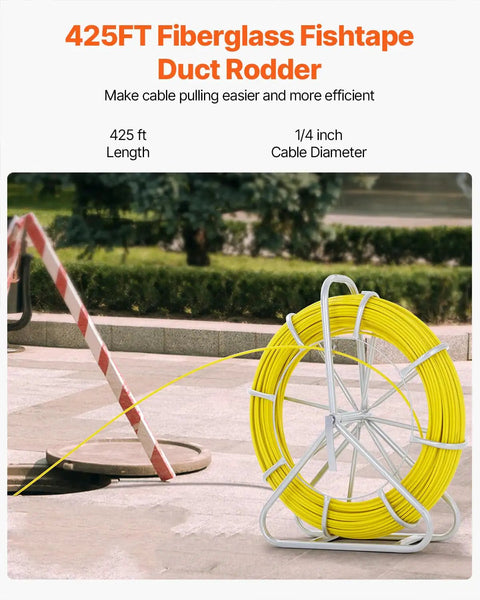 Fiberglass Fish Tape One Quarter Inch By 425 Feet Heavy Duty Duct Rodder Wire Puller Cable Running Rod With Steel Reel Stand