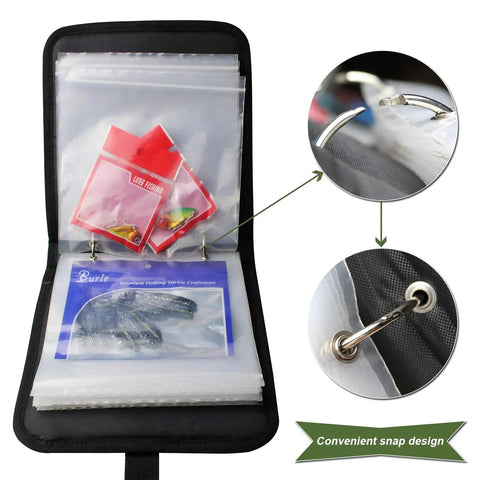 Interior view of Fishing Tackle Binder Lure Storage Bag showing clear organizer bags with convenient snap design.