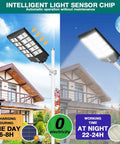 Day and night view of 1000W Solar Street Light 80000LM Dusk To Dawn Outdoor Flood Lights Waterproof Security Lighting on pole