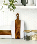 Acacia wood and marble cutting board with handle for charcuterie, 13.75 x 7.25 in.