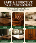 Wood Care Balm And Furniture Polish With Almond Scratch Fixer - Slaps At Removing Dings And Keeping Wood Looking Crisp - Lowkey Essential Table Cabinet Polish Formula One Pack shown on wood, leather, marble, laminate, and cabinets.