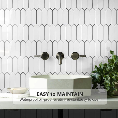 Ultra Easy Hexagon Peel And Stick Backsplash Tile 12.8 x 12.8 Inch White PVC Self Adhesive Mosaic in a modern bathroom setting